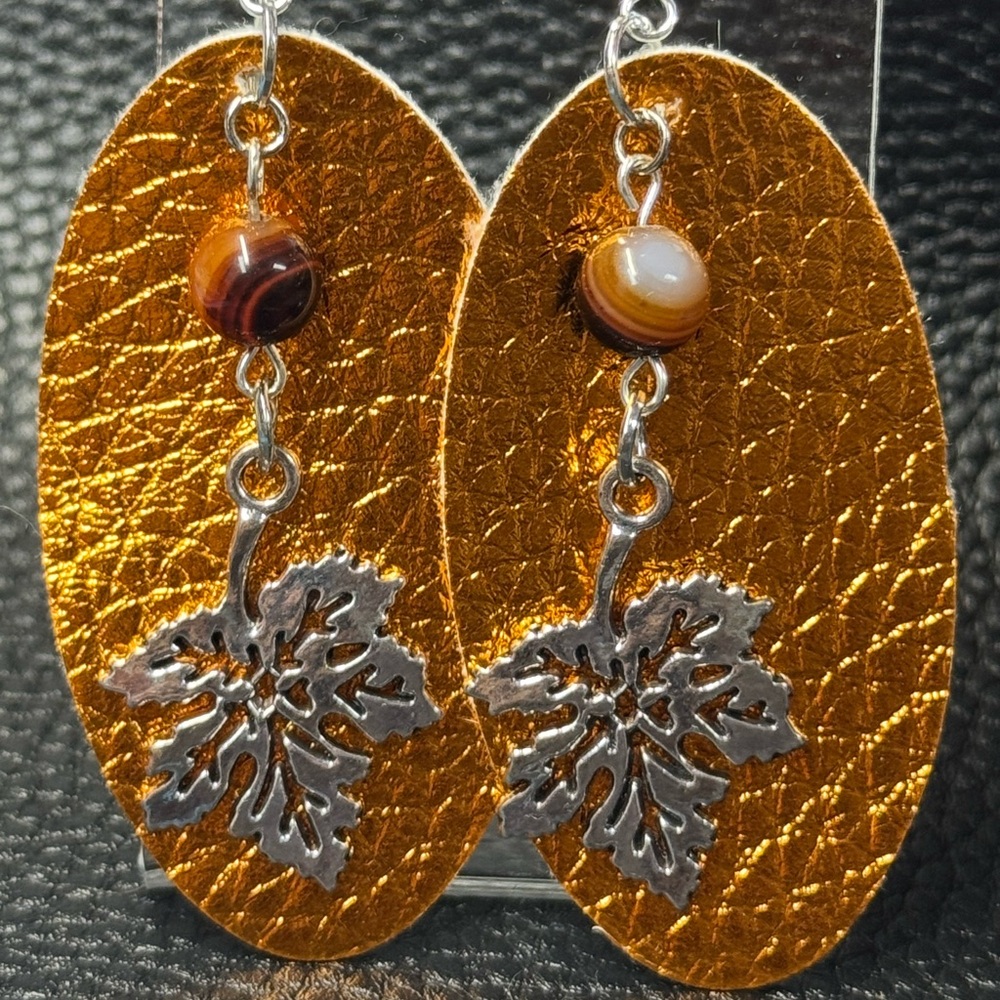 Maple Leaf and Orange Faux Leather Oval Earrings